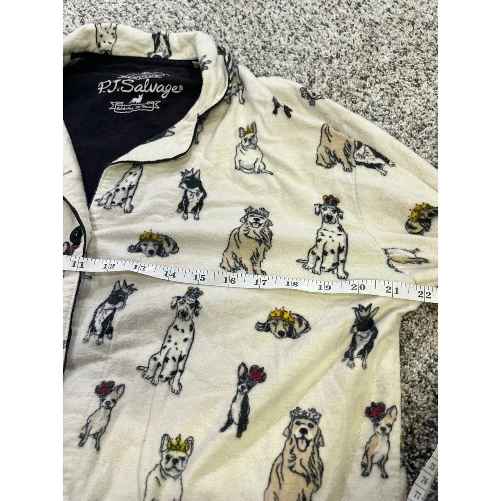 PJ Salvage Women Small Dog Print Flannel Pajama Set Cream Button Front‎ Long